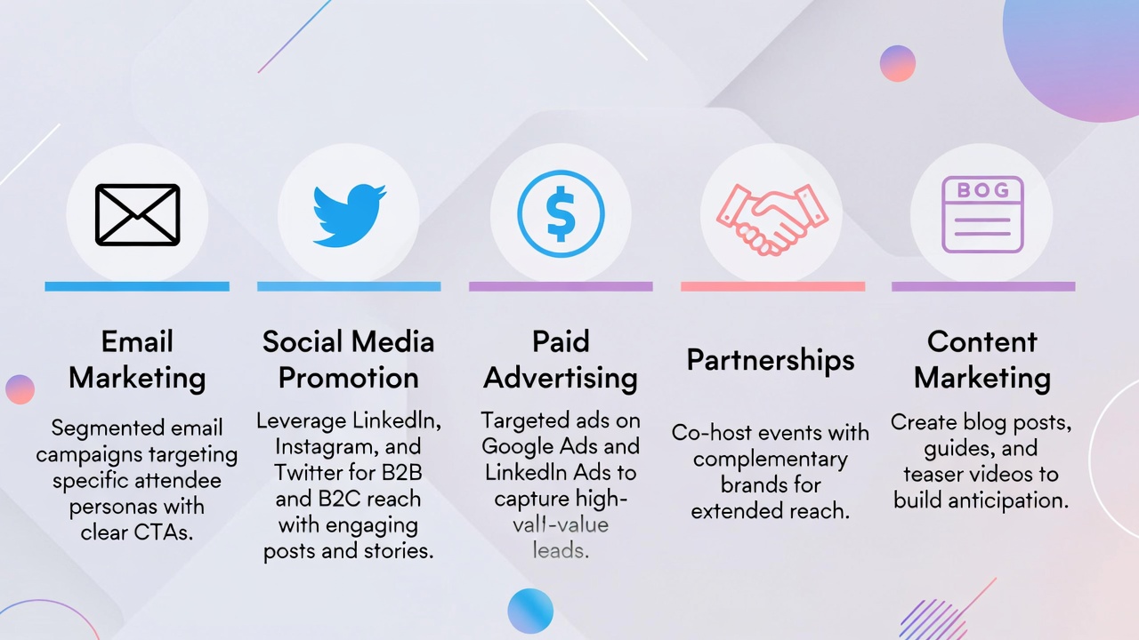 Event Promotion Strategies - Email, Social Media, Paid Ads, Partnerships, Content Marketing