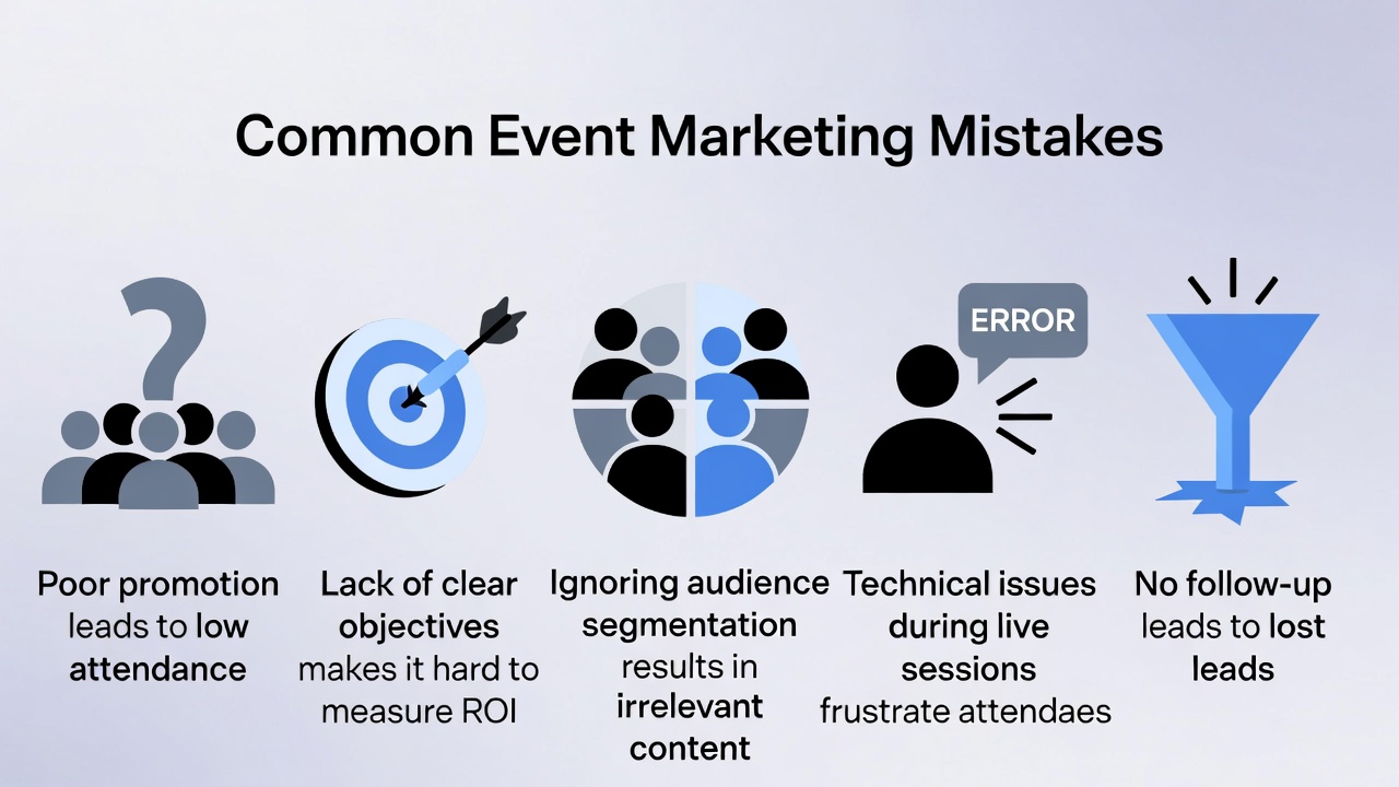 Common Event Marketing Mistakes - Poor promotion, lack of objectives, ignoring segmentation, technical issues, no follow-up