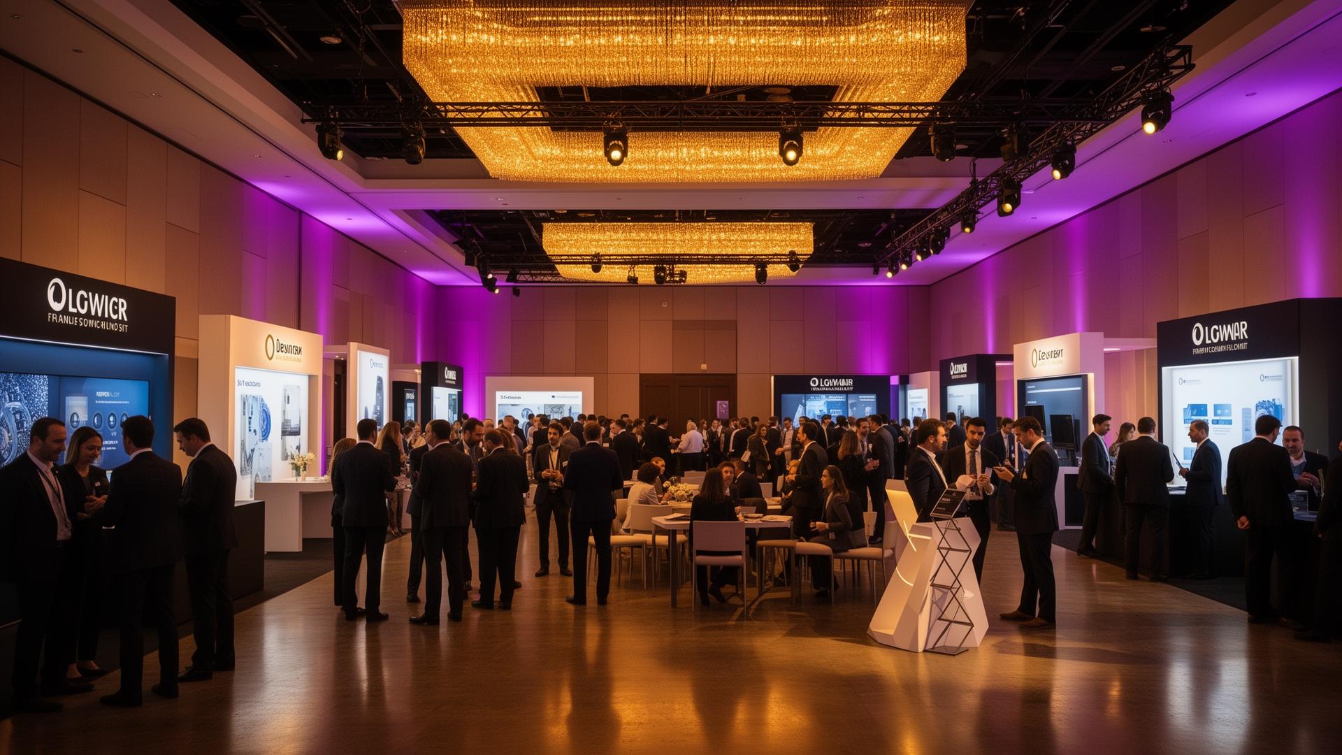 Trade show exhibition hall with professional booths and networking