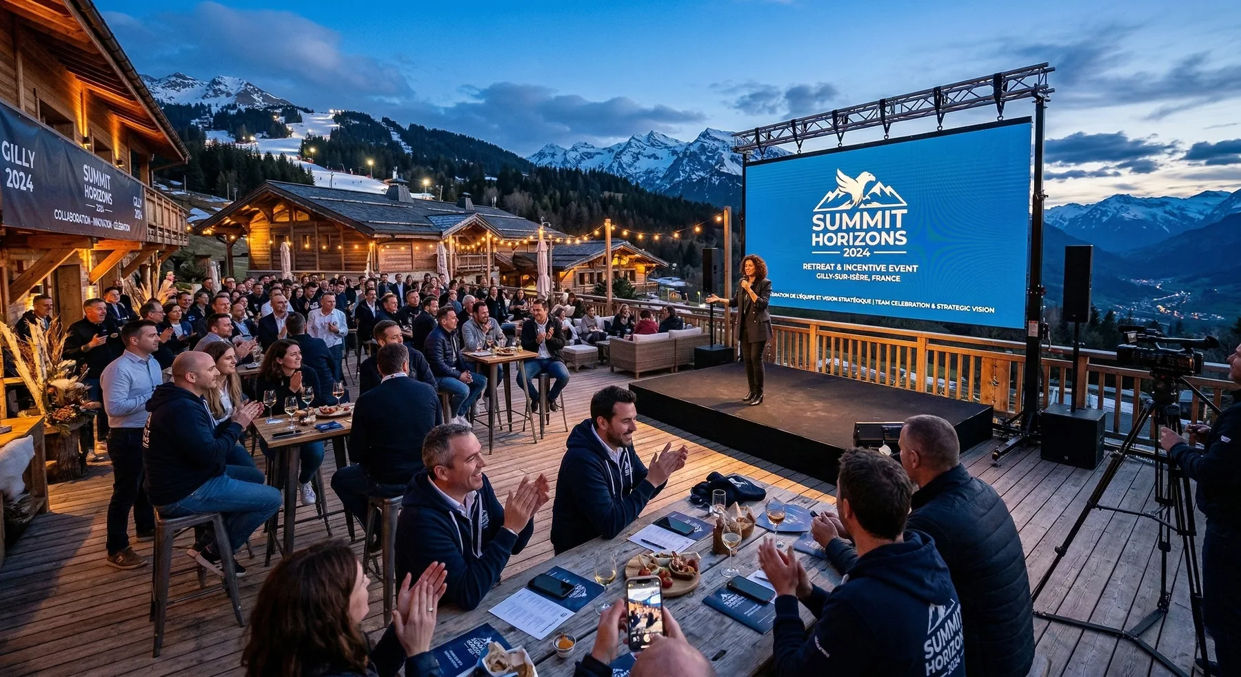 Delegates applauding on an outdoor summit terrace in the mountains